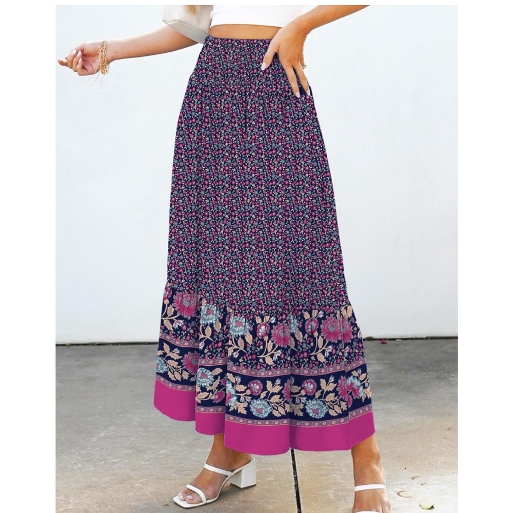 ANRABESS Women's Boho Maxi Skirt - Navy w/Floral Print, Size L NWT - Picture 3 of 7